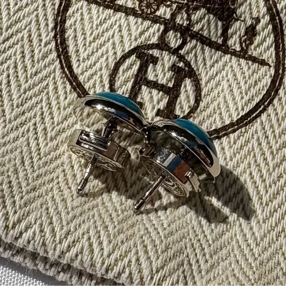 Hermès Eclipse Earrings Teal Blue & Silver ULTRA RARE - Picture 7 of 9